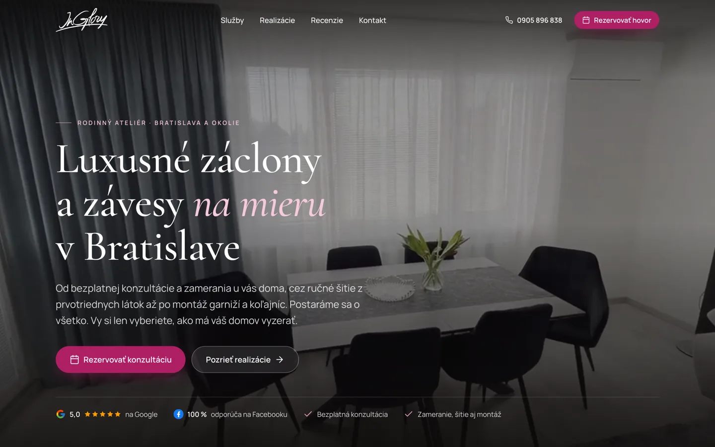Úvodná stránka webu InGlory, rodinného ateliéru záclon a závesov v Bratislave