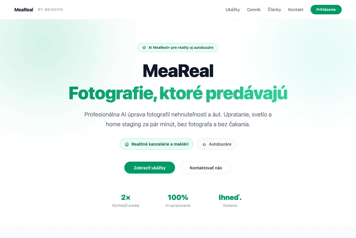 The MeaReal home page at www.meareal.com: AI editing of property and car photos
