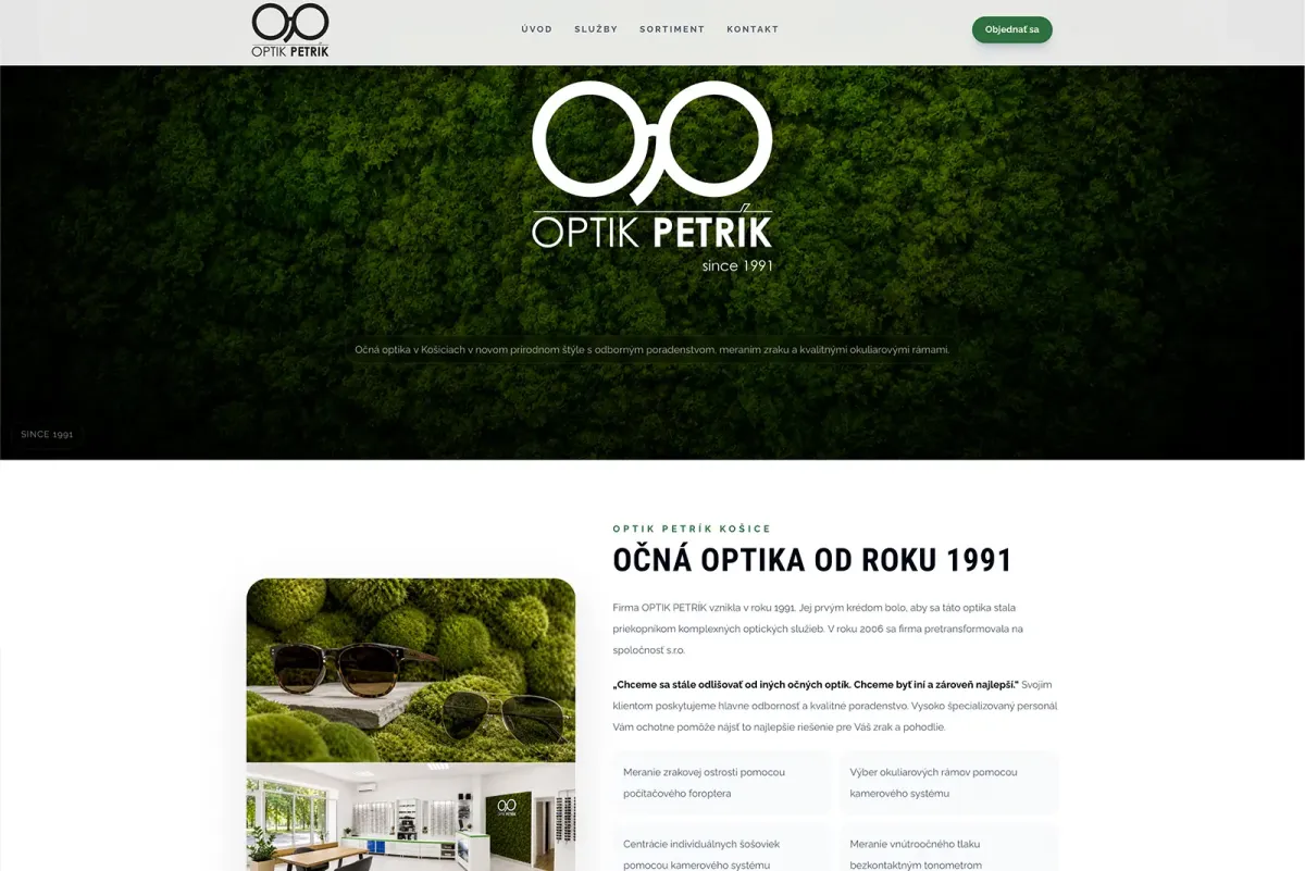 The new website of the Optik Petrík optician in Košice with a green natural look