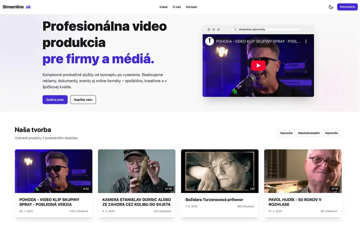 Web Streamline.sk: úvodná stránka s galériou videí zo YouTube